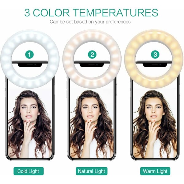 Selfie Ringlys [2 pak], Klips-på Fyldlys [3 Farvetilstande], USB Genopladelig 200mAh Kamera Lys, Spotlight Flash Supplerende Lys til Makeup