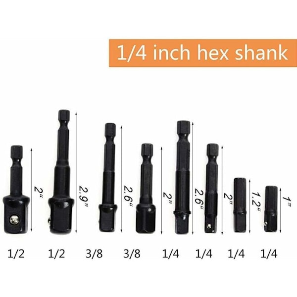 Adaptersett for stikkontakter 8 stk sekskantskaft bor mutter skiftenøkkel adapter forlengelsesadapter bitsett 4 pakke skralle/stikknøkkel reduksjonsadaptere