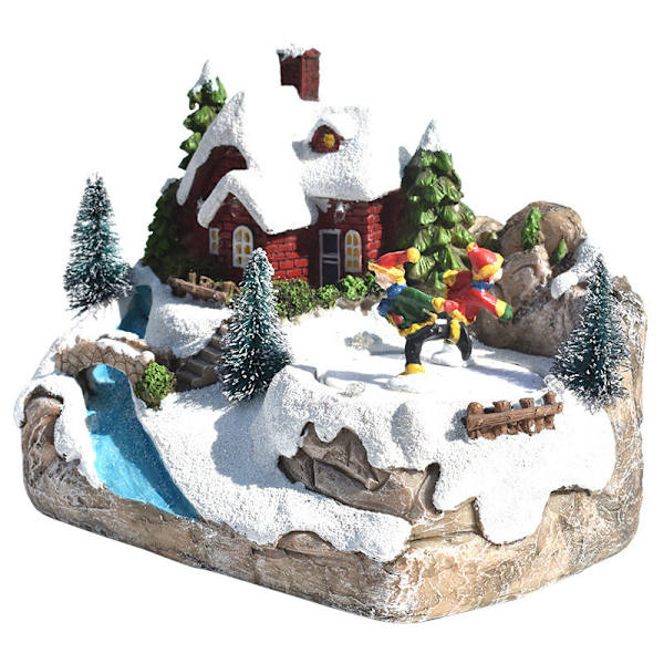 Julbyhus, LED-belysning Vinter Julby och Miniatyr Julfigurer (En skidmodell)