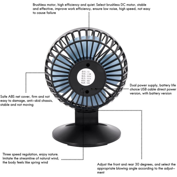 Bærbar skrivebordsvifte med batteri, miniskrivebordsvifte med svart skrivebordsvifte med batteri