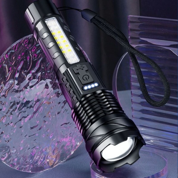 LED-ficklampa Hög USB Typ-C Laddning Flasglight Utomhusbelysning Zoomable Bärbar Ljus