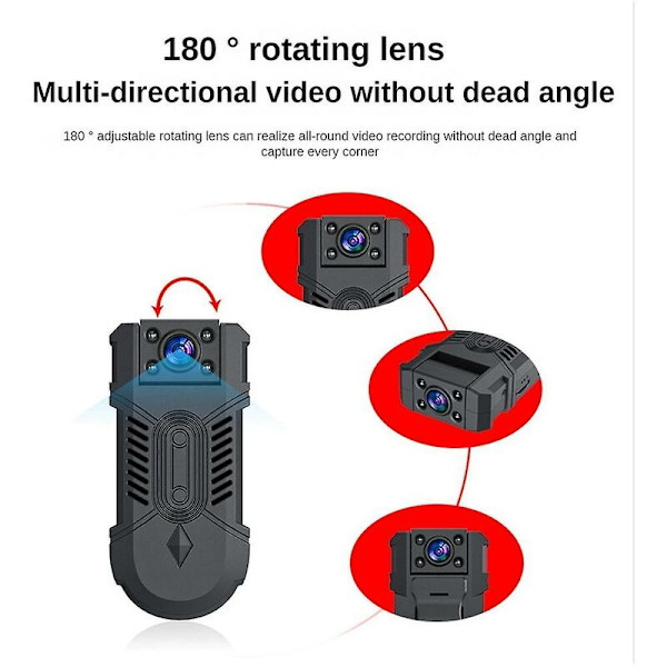1080p HD Mini Kamera Infraröd Nattsyn Liten Kamera Kroppsburna Kamera 180 Rotation Cykelkamera