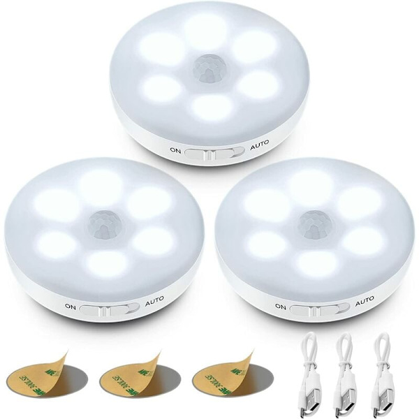 Automatisk LED nattlys, innendørs bevegelsessensor, 3 moduser (auto/på/av), LED skaplys, USB-oppladbart lys for utstillingsvinduer, kjøkken (3 stk)