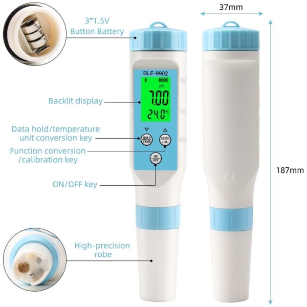 Intelligent PH-tester Bluetooth PH-meter 0,01 PH Høy presisjon PH-kvalitetstester med ATC: 3 i 1 PH EC-temperaturmåler