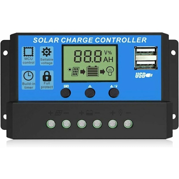 Solcelleladeregulering - Intelligent Solpanel Batteriregulering med Dobbelt USB-porte, Multifunktionel Justerbar LCD-skærm Gadelysstyring