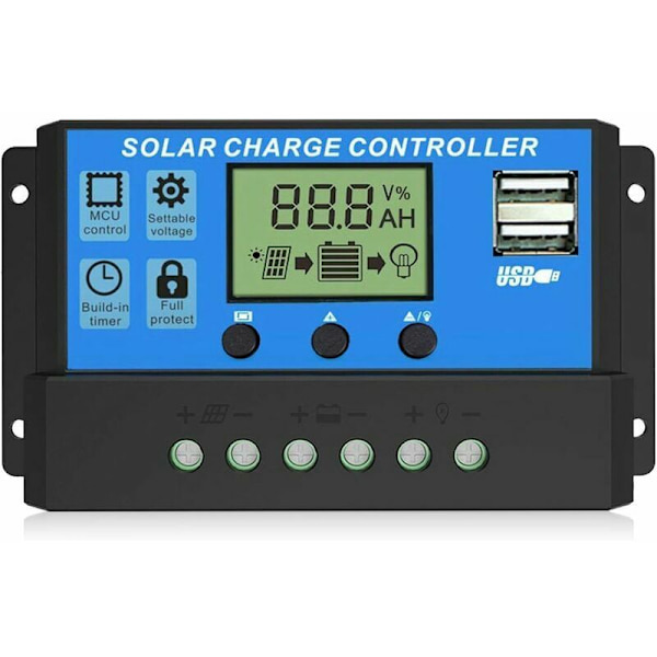 Solcellsladdningsregulator - Intelligent Solpanelbatteriregulator med Dubbla USB-portar, Multifunktionell Justerbar LCD-display Gatulampastyrning