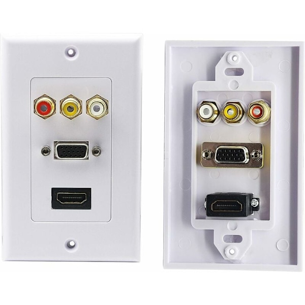 3RCA + HDMI + VGA seinäteline HDMI-komponentti komposiittiääni-video laturipistorasia seinävirtapistorasia pidike etulevy paneeli kansi valkoinen (3RCA & HDMI