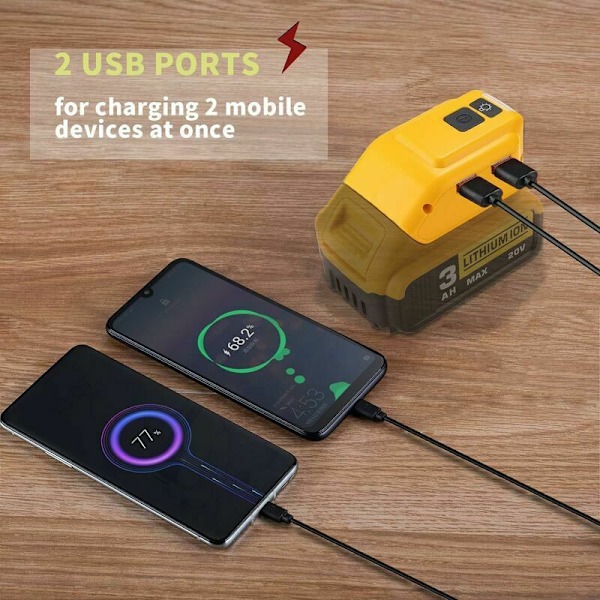 Batteriadapter for Dewalt 14.4V/18V/20V Lithium-Ion batteri, DC-kontakt og LED-arbeidslys og dobbel USB-lader, strømforsyning, kompatibel med D