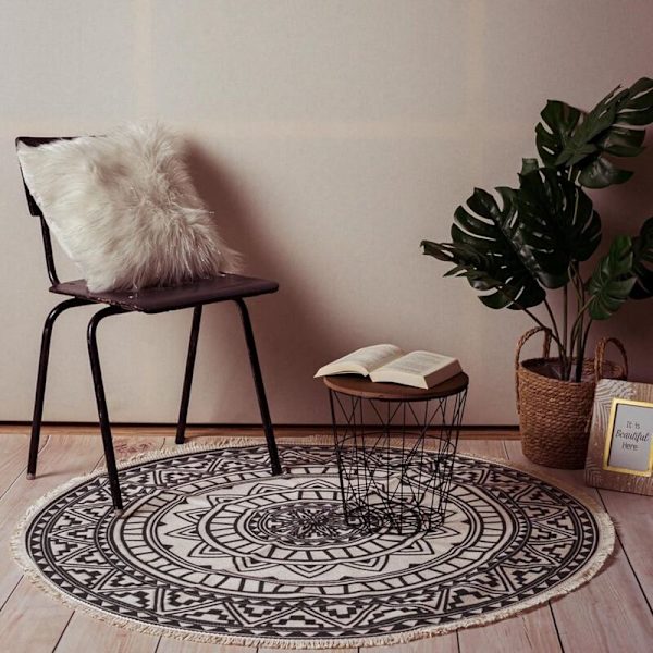 Pyöreä matto, 120 cm, hapsutettu pyöreä matto, liukumaton, käsin kudottu ja helppo puhdistaa, boheemi mandala-kuvio, puuvillamatto-Fei Yu