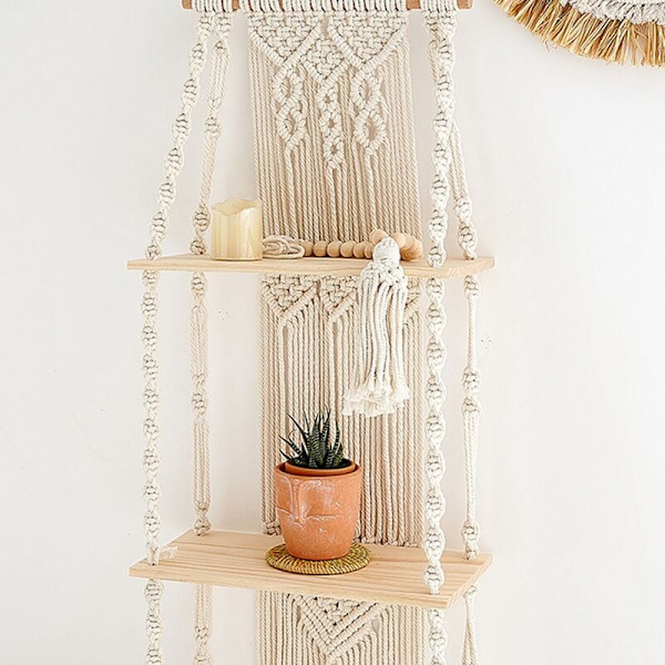Boho Macrame Vägghängande Hylla 3 Tier Handgjord Vävd Trä Organizer Hyllor Vägg Flytande Växt Hängare för Heminredning