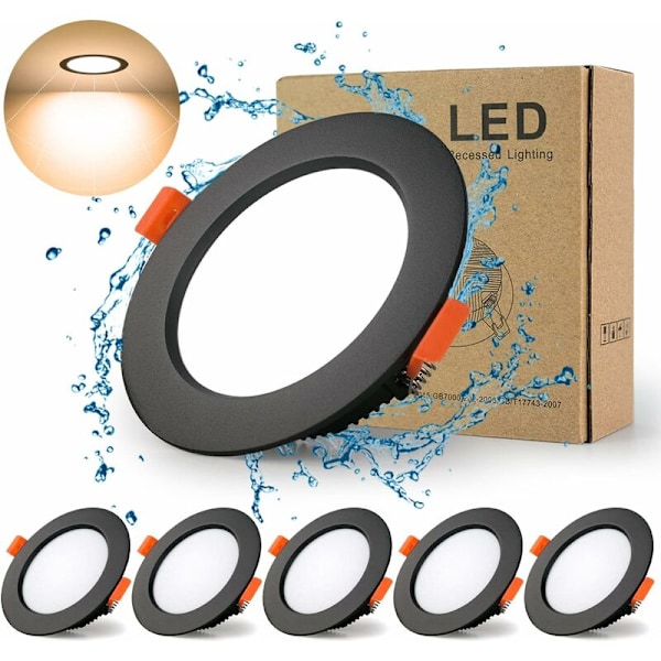 Extra Platta Svarta Infällda LED-Spots, 5-pack 7W 700LM = 70W Glödlampa, IP44, 3000K Varmvit, AC 220-240V, Utskärning 70-85mm, Runda Ultratunna Infällda