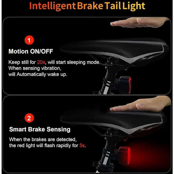 Smart sykkel baklys, USB oppladbar bremsesensor sykkel baklys, 4 moduser vanntett LED sykkel sikkerhetslys