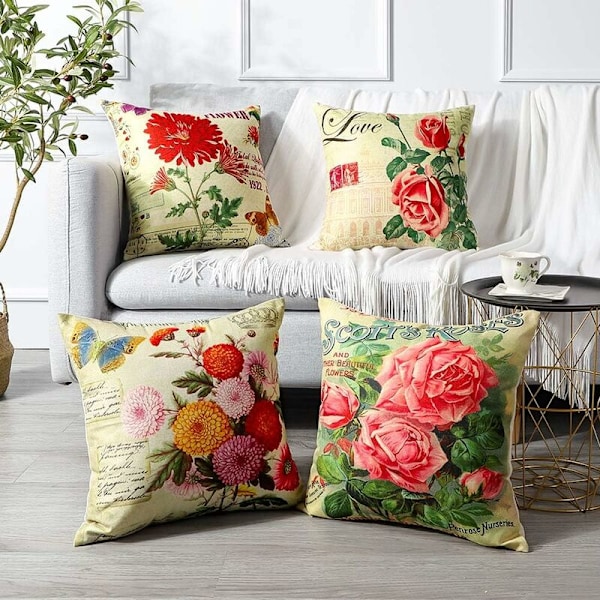 Utekussedekke, sett med 4 vanntette klassiske blomstermønster sofa putetrekk for uteplass hage stue soverom dekorasjon, 45x45cm