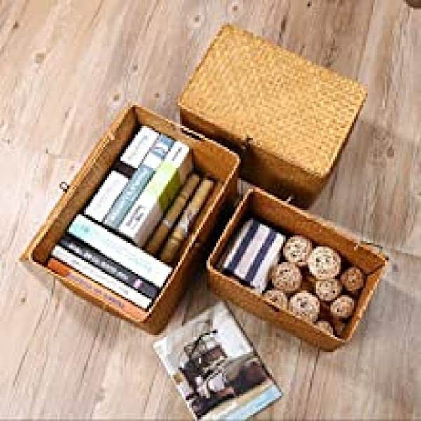 Rattan Kurv Seagrass Opbevaringskurv med Låg Naturligt Material (Lille 26cm x 16cm x 10cm H)