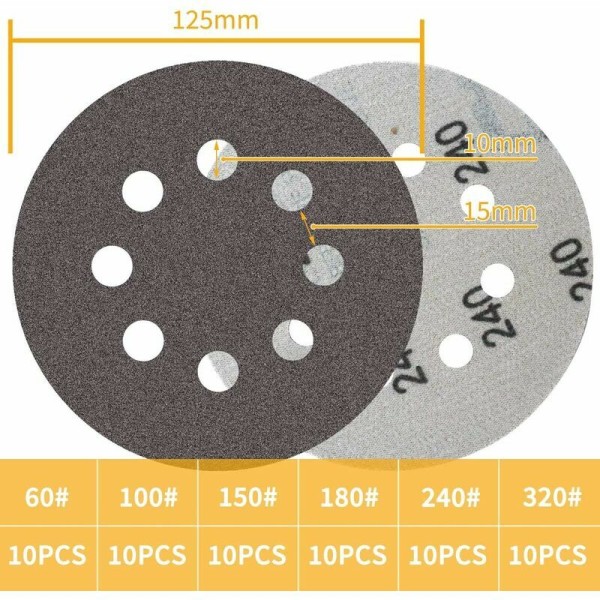 60 kpl 125 mm piikarbidihiomalevyä, GU.B/bon hiomalevyt 60 100 150 180 240 320 karkeudet 8 reikää hiomakoneille