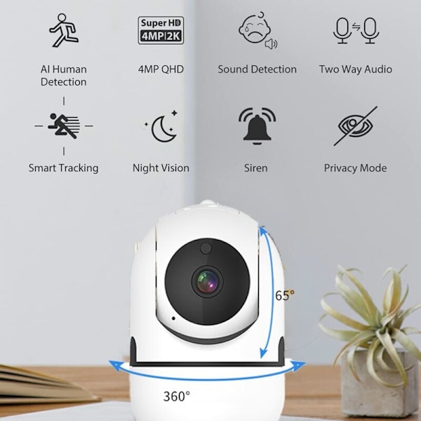 Inomhus Säkerhetskamera WiFi Kamera för Hem Säkerhet, 360° Vy IP Kamera, Nattseende, Smart Spårning