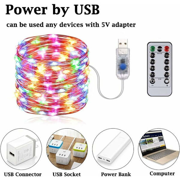 USB LED-ljusslingor 10 m 100 LED-lampor Fjärrkontroll Koppartråd Strängljus Vattentät IP65 Stämningsbelysning för Rum, Juldekoration, Bröllop, Fest