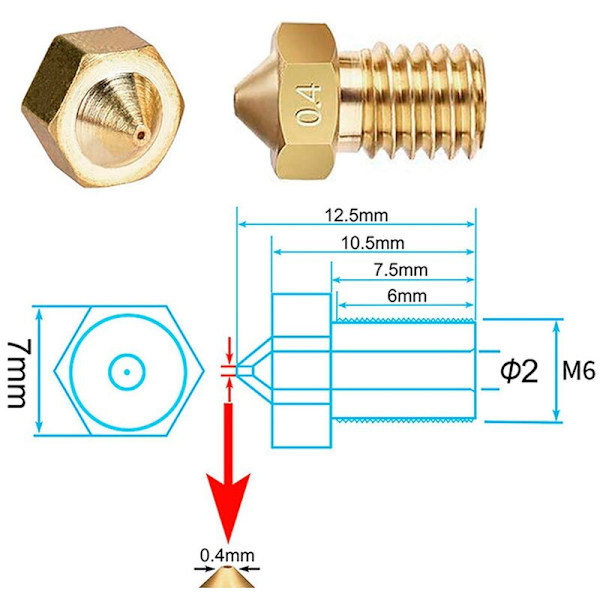 För munstycke -V6 Mässing M6 gänga Hårdstål Mässingsmunstycken för 1,75 mm filament Hotend Extruder 3D-skrivardelar