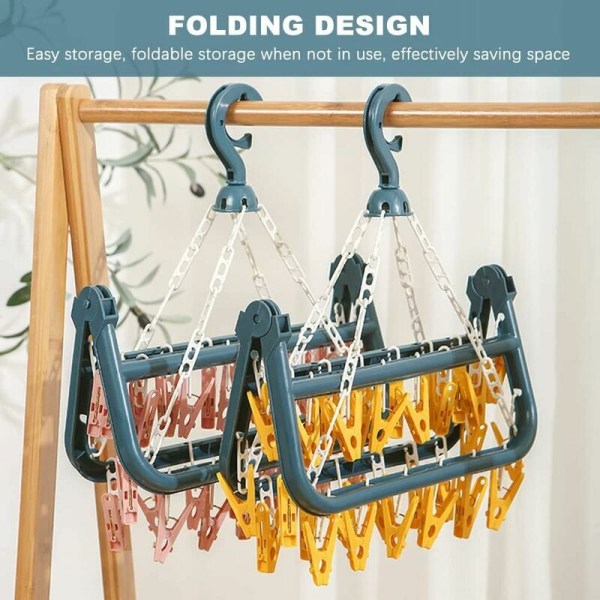 Sock Drying Rack, Sock Drying Rack med 32 klämmor för underkläder, strumpor, hållbara klädnypor i plast för inomhus- och utomhusbruk