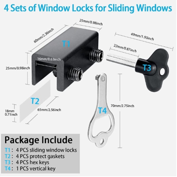 4 sett med vinduslåser, skyvelås med nøkkel for vertikale og horisontale skyvedører, vindussikkerhetslås