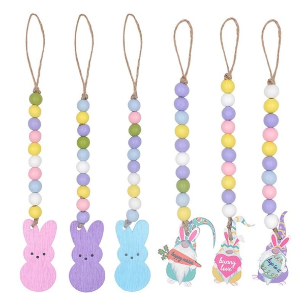 6-delt påskevedperlekrans med dusk, hengende trepynt for tittende kanin, vendbart, fargerikt kaninanheng hengende dekor