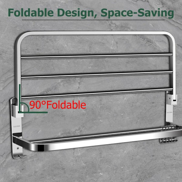 60 cm Foldbar Dobbeltlags Håndklædeholder Rustfrit Stål Væghængt Håndklædeholder Multifunktionel Håndklædehylde med 5 Kroge til Badeværelse - Sølv - 60 x 24