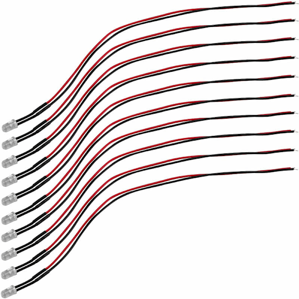 10 stk. fortrådet diffus LED-diodelampe 5 mm 20 mA DC 3-6 V hvid