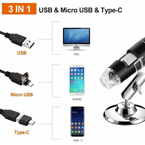 USB Digital Mikroskop 40X till 1000X 8 LED Förstoringsendoskopkamera med Bärväska och Metallstativ Kompatibel med Android Windows 7 8 10