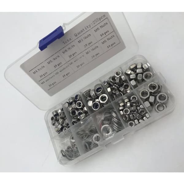 255PCSM4 M5 M6 Nylon låsemutter 304 Rustfritt stål mutter Flat Washer Kit metrisk Hex låsemutter Sett inn låsemutter