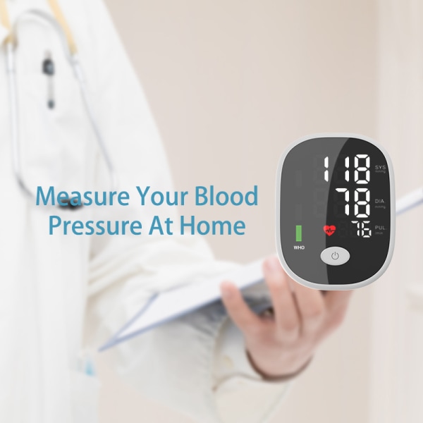 Fuldautomatisk Smart Voice Arm Blodtryksmåler - Stor skærm - Læser Hukommelse Blodtryksmåler Håndled - Hvid