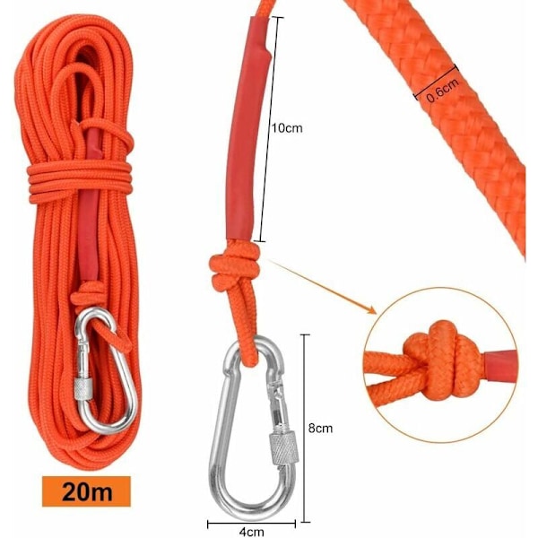Polypropylenflätad rep 20M Klätterrep med Karabiner UV-skydd Anti-mögel Anti-korrosion Multifunktionell för Fiske Bergsklättring Cam