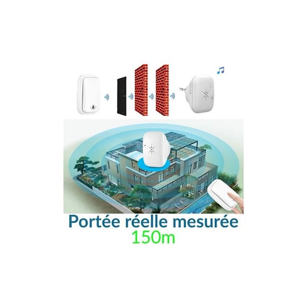 Trådløs og batterifri dørklokke Udendørs Vandafvisende IP 65 Sne Regn Fugtighed, hvid