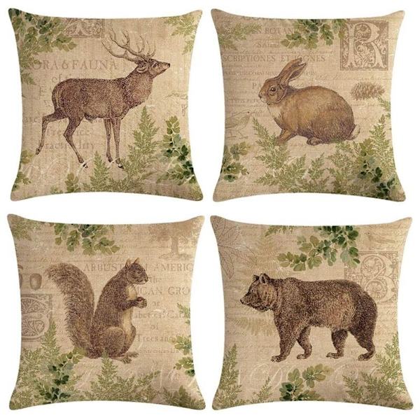 Vintage-tyylinen villieläinkuvion tyynynpäällinen vihreillä kasveilla, koristetyynynpäällinen, neliönmuotoinen pellavakangas