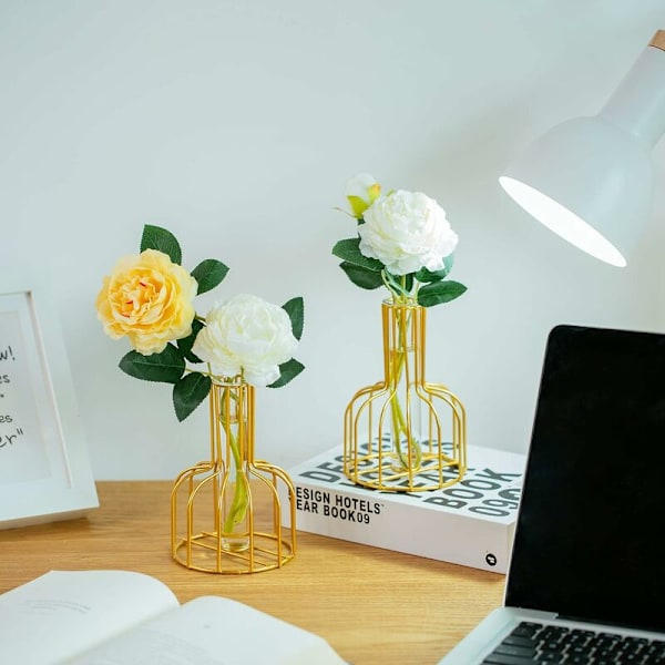 Mini Vas Set - Små Vas för Borddekoration - Modern Knoppblomma Vas - Hydroponisk Glasvas - Provrör (Guld) - Fei Yu