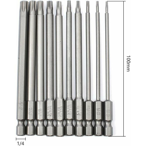 1/4\" kuusiokanta ruuvimeisselin kärjet, T6-T40 magneettinen S2 teräs, 100mm pitkä 10 kpl pakkaus