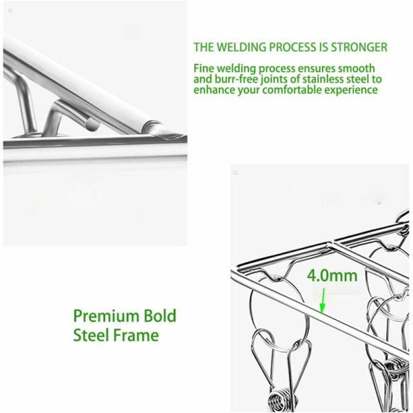 Sokketørkestativ i rustfritt stål med 36 klips - Holdbar klesheng med 360° svingbar krok og vindtett krok for sokker, BH, undertøy, (sett med 2)