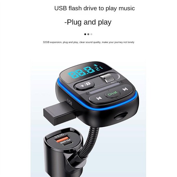 Bluetooth FM-sender til bil, Louder HiFi Bass-mikrofon, 30W PD + QC-adapter 3.0 med 7 farver LED