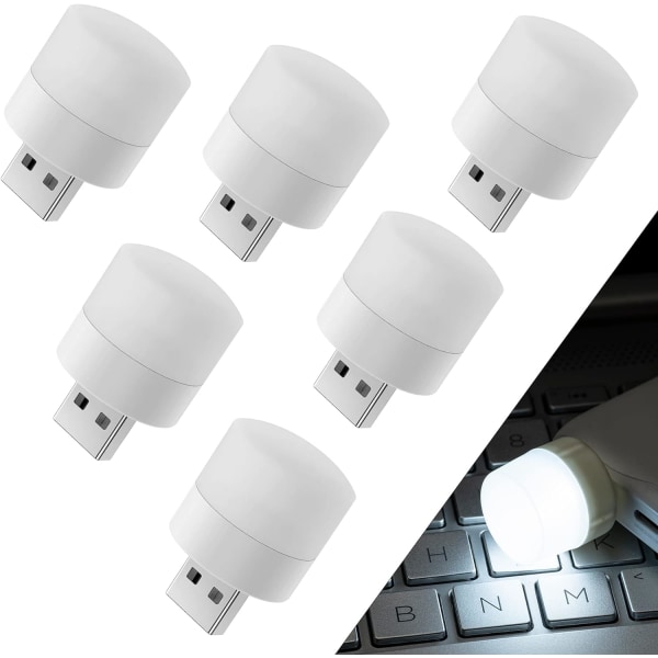 USB-natlys, energibesparende lys, kompakt LED-pære, bærbar belysning, omgivende belysning, dekorativ lampe, mini-USB-lys (hvid, 6 stk)