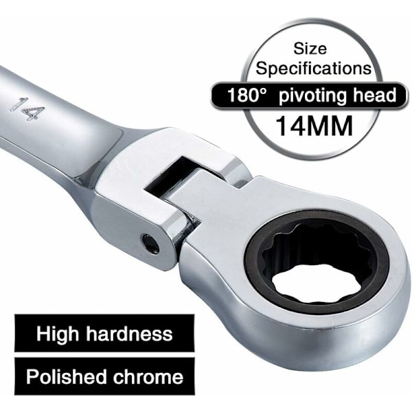 14 mm joustava ratkettava avain, pyörivä pää, ratkettavat avaimet, Action Tool, metrinen kromivanadiini teräs - DENUOTOP
