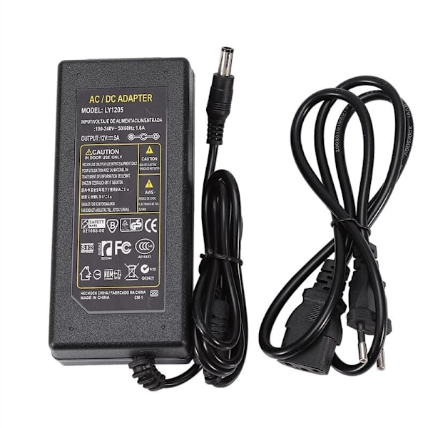 12V 5A Strömförsörjning, AC 100V-240V till DC 12 Volt 60W Transformator med EU-kontakt, 12V Adapter för 5050 3528 LED-remsa, LED-lampor