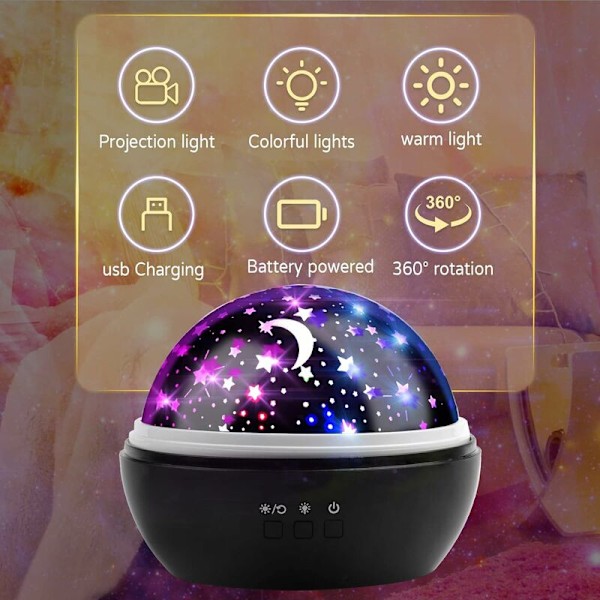 Barne nattlys stjerne og havlys projeksjon 360° rotasjon projektorlampe 8 fargemoduser for soverom bursdagsfest julegaveidé, svart