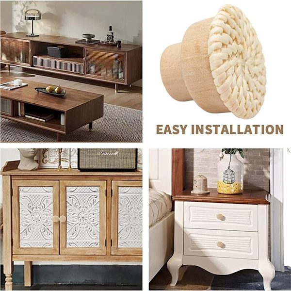8 stk Boho Rattan Kommode Knotter Tre Skuff Knotter Håndlaget Vevd Kurv Knotter Trekk Håndtak for Skap Hjemmedekor