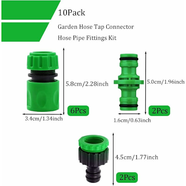 10-pak Have-slange Hurtigkoblings-sæt (6 stk. 1/2\" Slange Hurtigkobling, 2 stk. Dobbelt Kobling, 2 stk. Hane-kobling)