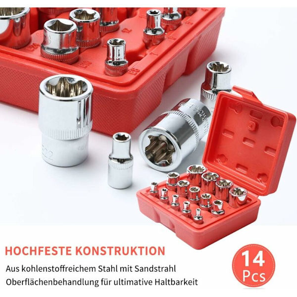 DENUOTOP 14-osainen Tähtimallinen Torx-hylsysarja E-tyypin ratkeassa I Hylsysarjan profiili E (Ulkoinen Torx) E4 - E24-DENUOTOP