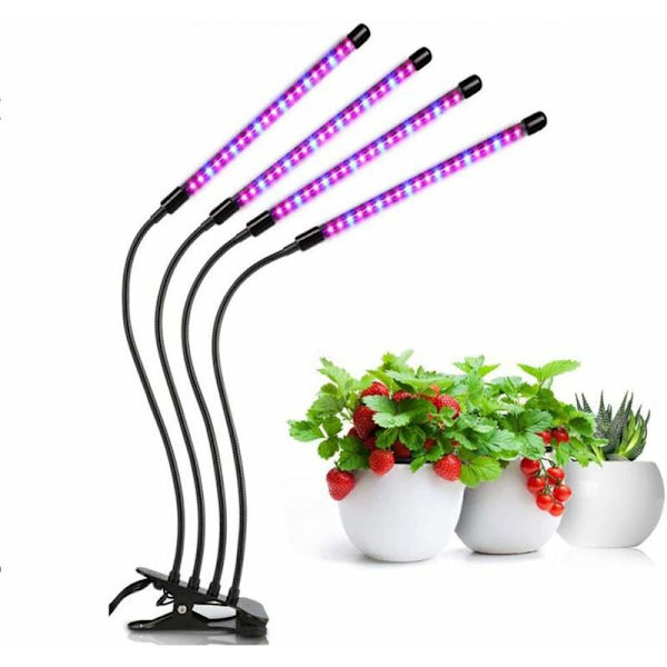 LED-växtlampa med timerfunktion, 3 lägen, 9 ljusstyrkor, 360° justerbar för inomhusväxter, hydroponik, växthusodling (40W fyrhuvud)