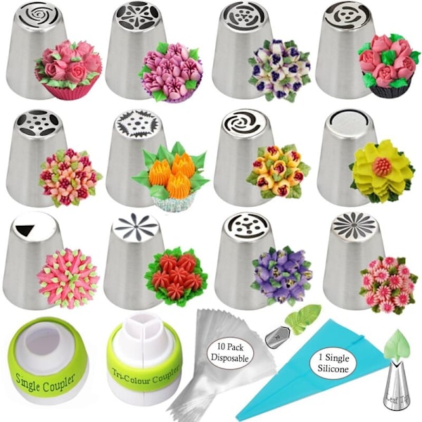 Russiske Sprøytetipssett Kakedekorering Tilbehørsett Blomster Frosting Tipssett 12 Frosting Tips 2 Koblinger 2 Bladtips 1 Silikonpose 10 Bakeposer