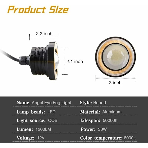 2 stk. Super Bright 3\" Universal LED Tåge Lygte Projektor 12V 10W Amber COB Halo Angel Eyes Ringe Motorcykel Bil Dagslys Kørelys DRL Kørelys