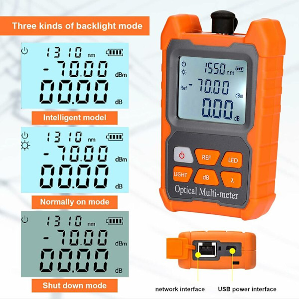 Multimeter för optisk effekt, Mini bärbar 8 våglängds optisk effektmätare med LED-lampa nätverkskabeltestare FTTH fiberoptisk kabeltestare
