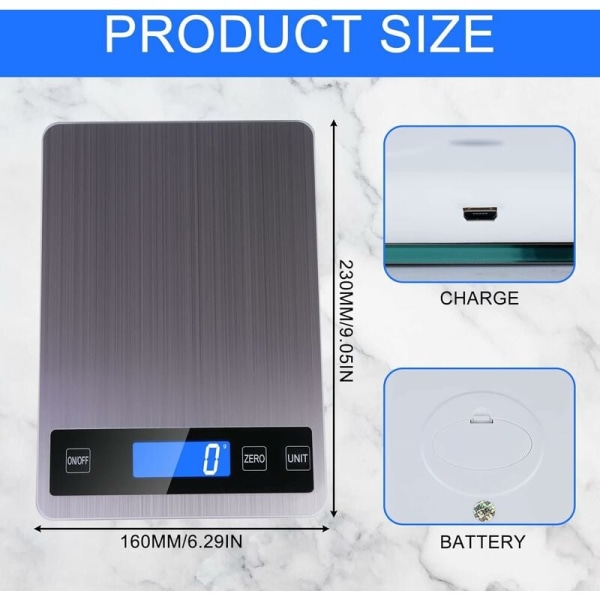 Kjøkkenvekt, 5 kg/1 g presisjonsvekt, elektronisk kjøkkenvekt, rustfritt stål, følsom berøring, bakgrunnsbelyst LCD-skjerm, automatisk avstenging, tare-funksjon, med