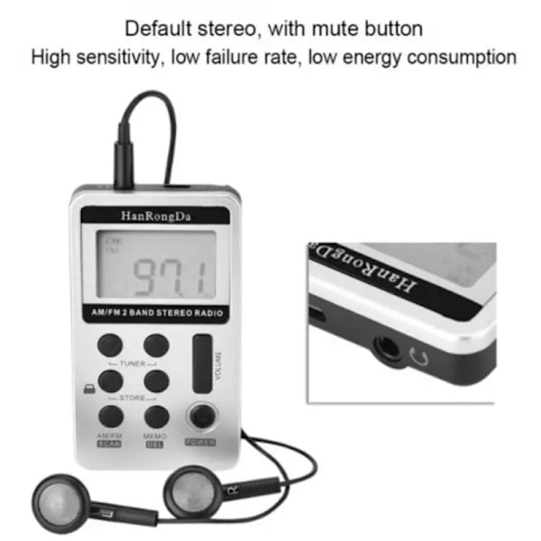 Bärbar FM/AM-radio Digital Signal Processing Receiver med hörlurar Radio + Lanyard